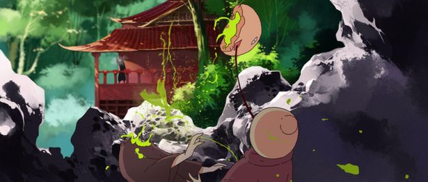 首とともに黄緑色の血がはじけ飛ぶ