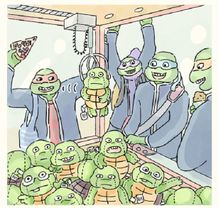 エッセイ漫画「男子校の生態」で人気の漫画家コンテくん描き下ろしイラスト。「もし、タートルズが日本の高校に通ったら…」