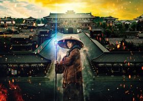 壮大な長安の都をバックに立つ空海