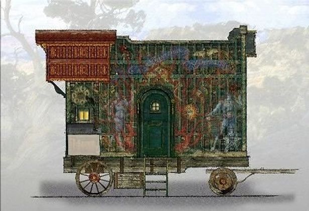 馬車に引かせる小屋も細部まで描きこまれている