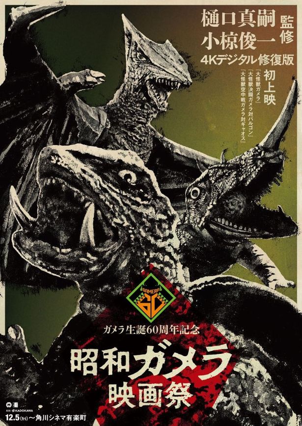 「ガメラ生誕60周年プロジェクト」本格始動！樋口真嗣＆小椋俊一監修の昭和ガメラ3作品4Kデジタル修復版上映決定