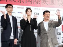 第38回東京国際映画祭の「ラインナップ記者会見」に出席した瀧内公美、坂下雄一郎監督中川龍太郎監督