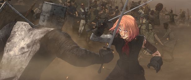 鎧を纏った兵士と刃を交え、互角に渡り合うスカーレット