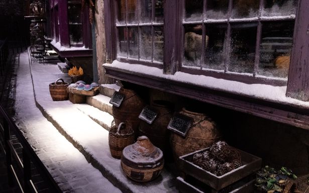 雪の降るダイアゴン横丁は、映画の劇中ではなかなか見られない光景