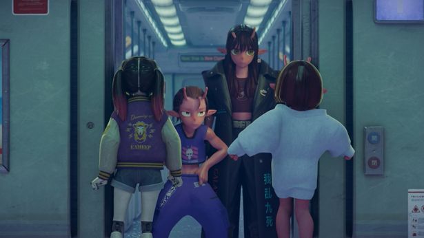 宇宙暴走族の総長アカネ(中右)と、彼女の腰巾着カナタ(中左)