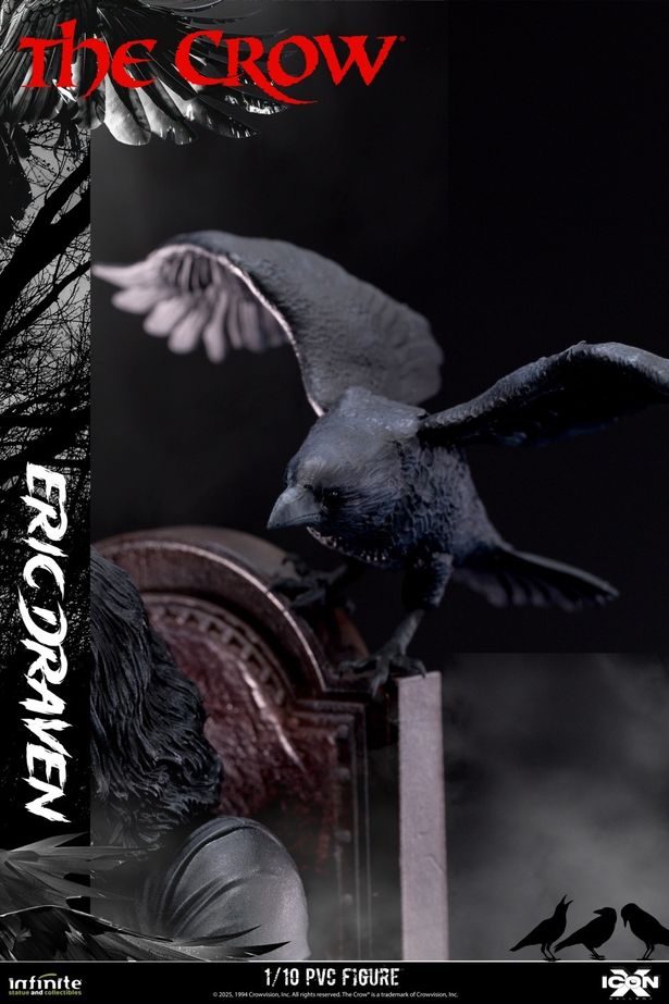 作品に欠かせないカラスも立体化されている(「アイコンX/ クロウ 飛翔伝説: エリック・ドレイヴン 1/10 PVC スタチュー」)