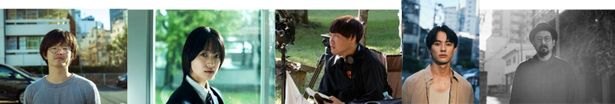 (写真左から)『呪いのスマホ』の山元環監督、早瀬憩、『巨頭オ』の近藤亮太監督、前田拳太郎、未解禁新作の曽根隼人監督が登壇！