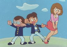 アニメ「まいっちんぐマチコ先生」より。左から亀山タマ夫(声：つかせのりこ)、池上ケン太(声：野沢雅子)、舞衣マチコ(声：吉田理保子)