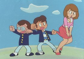 アニメ「まいっちんぐマチコ先生」より。左から亀山タマ夫(声：つかせのりこ)、池上ケン太(声：野沢雅子)、舞衣マチコ(声：吉田理保子)