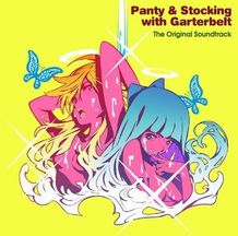 ジャケットには本作のヒロイン、パンティとストッキングが。エッジが効いたテクノな楽曲に引けをとらない挑発的なイラストだ