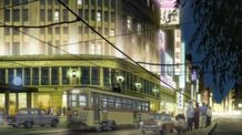 都電が街を行き交う懐かしい風景を再現している