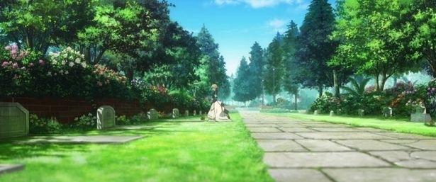ギルベルトの母親の月命日にヴァイオレットはギルベルトの代わりを担うかのように花を手向ける
