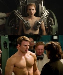 もやしっ子からをマッチョへ大変貌を遂げる主人公のスティーブ・ロジャース。演じるのはクリス・エヴァンスだ