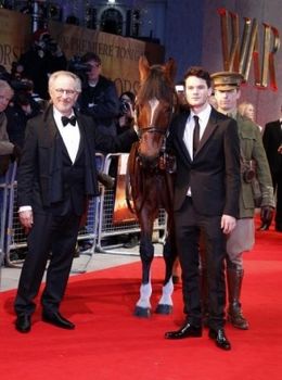 『戦火の馬』ロイヤルプレミアに出席した、スティーブン・スピルバーグ監督、ジェレミー・アーヴァイン、馬のジョーイ