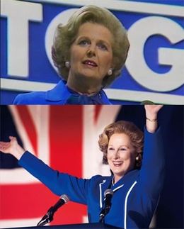 本物のサッチャー(上)と映画でサッチャーになりきったメリル・ストリープ(下)