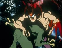 テレビアニメ版のような青い肌ではなく、原作に近いビジュアルのデビルマン(「誕生編」)
