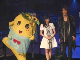 映画「パーシー・ジャクソンとオリンポスの神々：魔の海」の吹替版に声の出演をするふなっしー、渡辺麻友、宮野真守(写真左から)