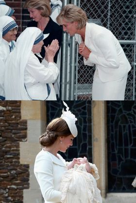 マザー・テレサの話を聞くダイアナ妃(写真上)とシャーロット王女を抱いたキャサリン妃(写真下)の写真が合成され、出回っている