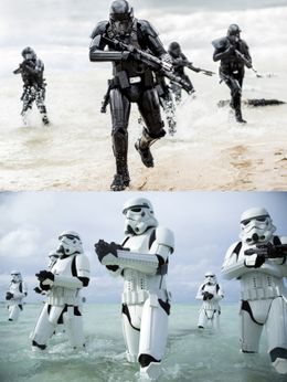 黒いボディのデス・トルーパー(上)と、白いボディのストームトルーパー(下)の場面写真